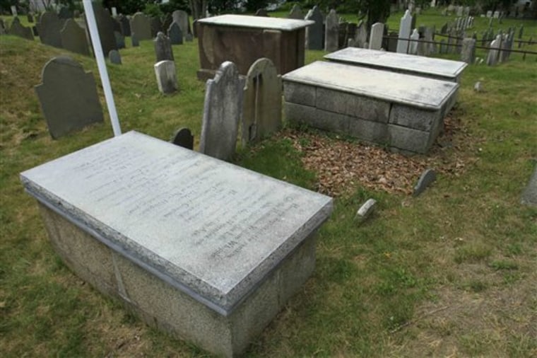 The tomb of William Whipple is seen in the Old North Burial Ground in Portsmouth, N.H., June 30. Whipple was one of the lesser-known signers of the Declaration of Independence, but he and others will be honored with a bronze plaque at his gravesite if a group of descendants of the Founding Fathers gets its way.